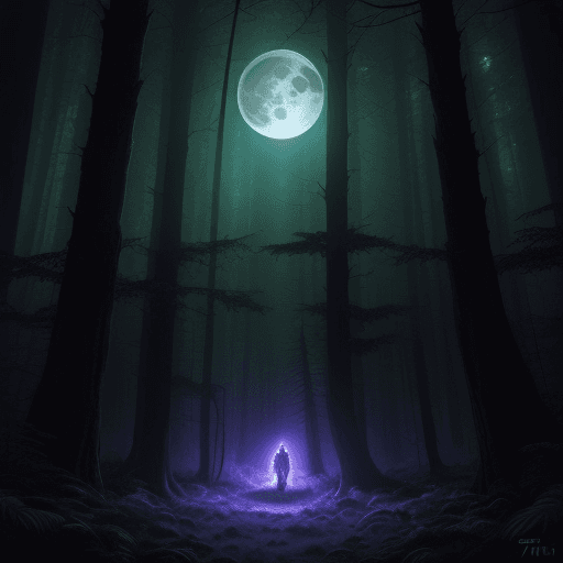 AI generated: A hyper-realistic and stunning depiction an alien in the 70's, Dan Mumford style, in a forest at nig...