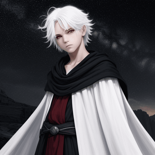 AI generated: High resolution photo 1920x1080, a boy in a traveler's cloak, red eyes, white hair, white clothes wi...