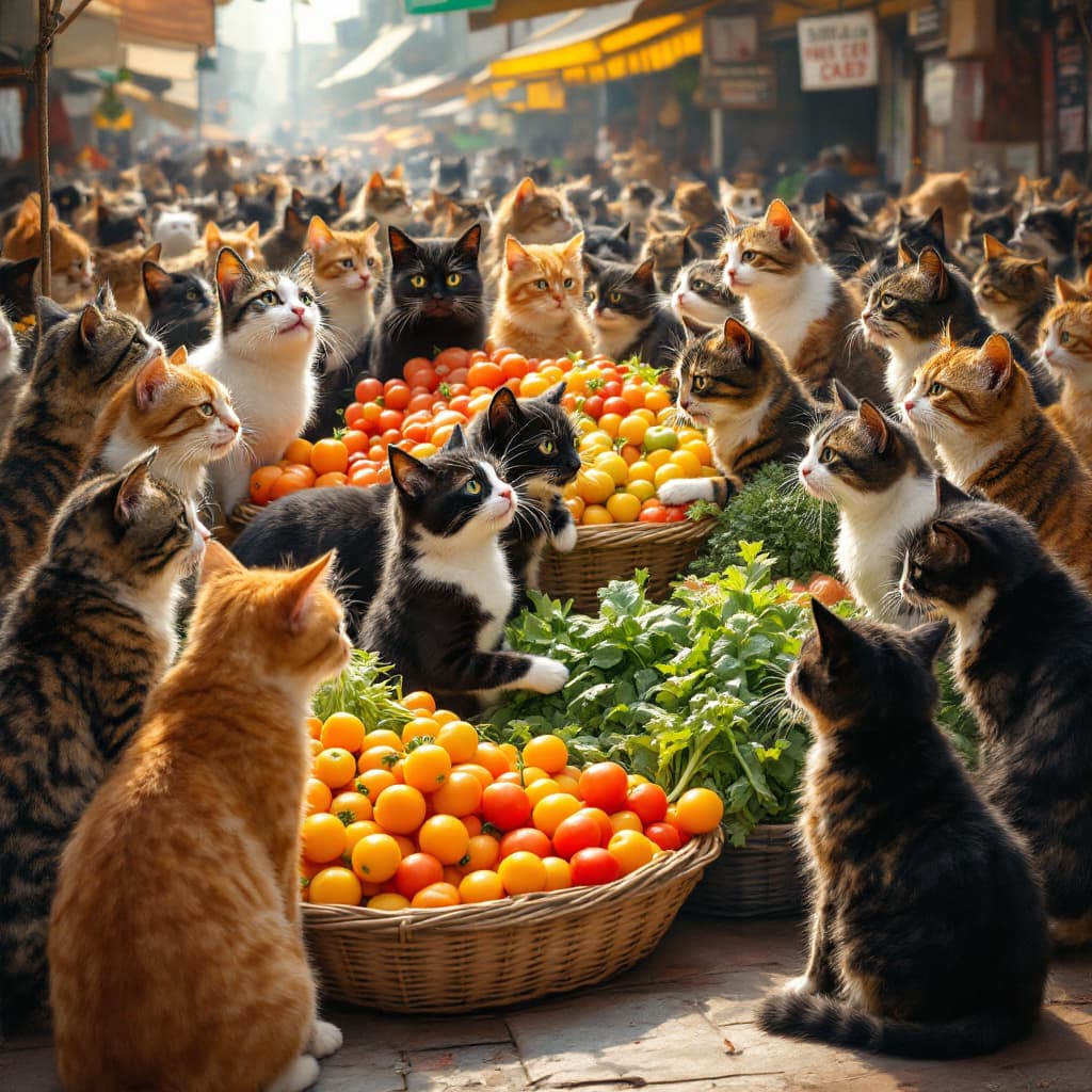 AI generated: A crowd of talking cats at a market buying fresh vegetables.
