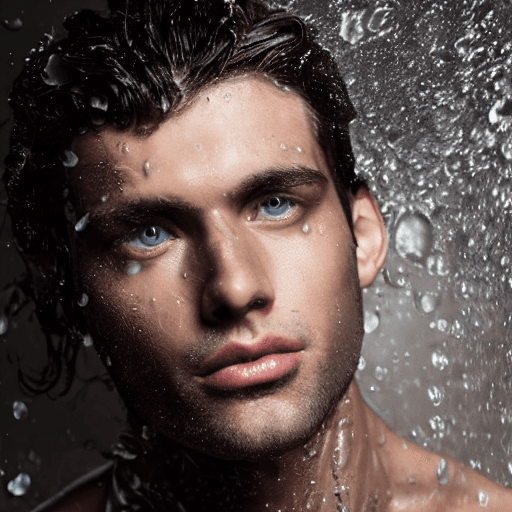 AI generated: Brunette man, wet brown hair, with splash of water hit over his face, serious, masculine, heroic, wi...