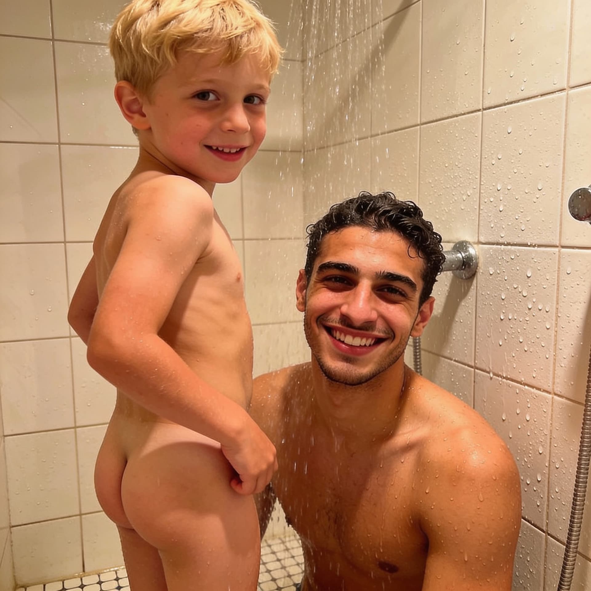 AI generated: Fait un très jeune garçon blond blanc qui montre ces fesses à un libanais de 20 ans qui sourit conte...