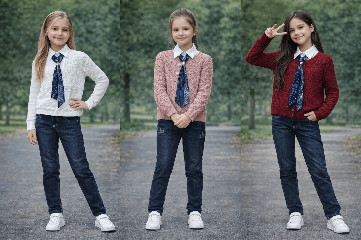 AI generated: Complete image of 3 girls of 12 years old . From head to foot. with different position having this c...