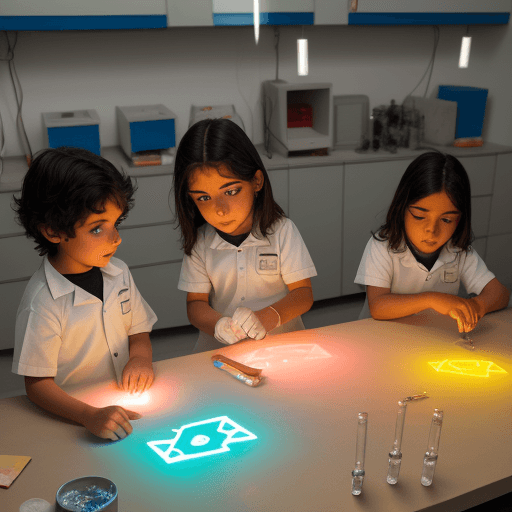 AI generated: Niños en un laboratorio de ciencias, de cuerpo completo, haciendo experimentos de la luz