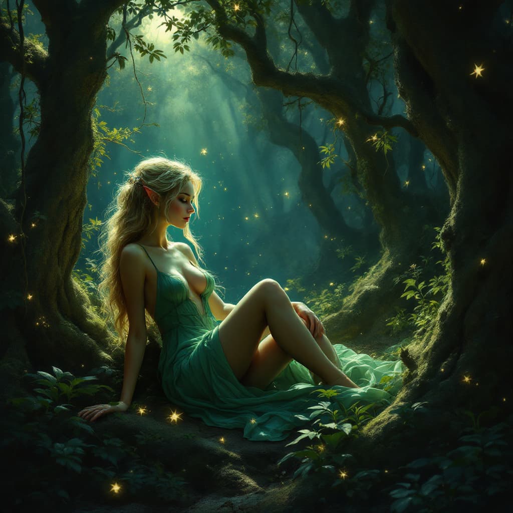 AI generated: Chiaroscuro scene of an enchanted forest, [Baroque | Romanticism], A bright ethereal light breaking ...