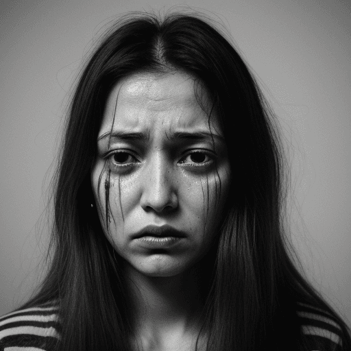 AI generated: a woman looking melancholy, tears running down her face, long hair, with some strands of hair on the...