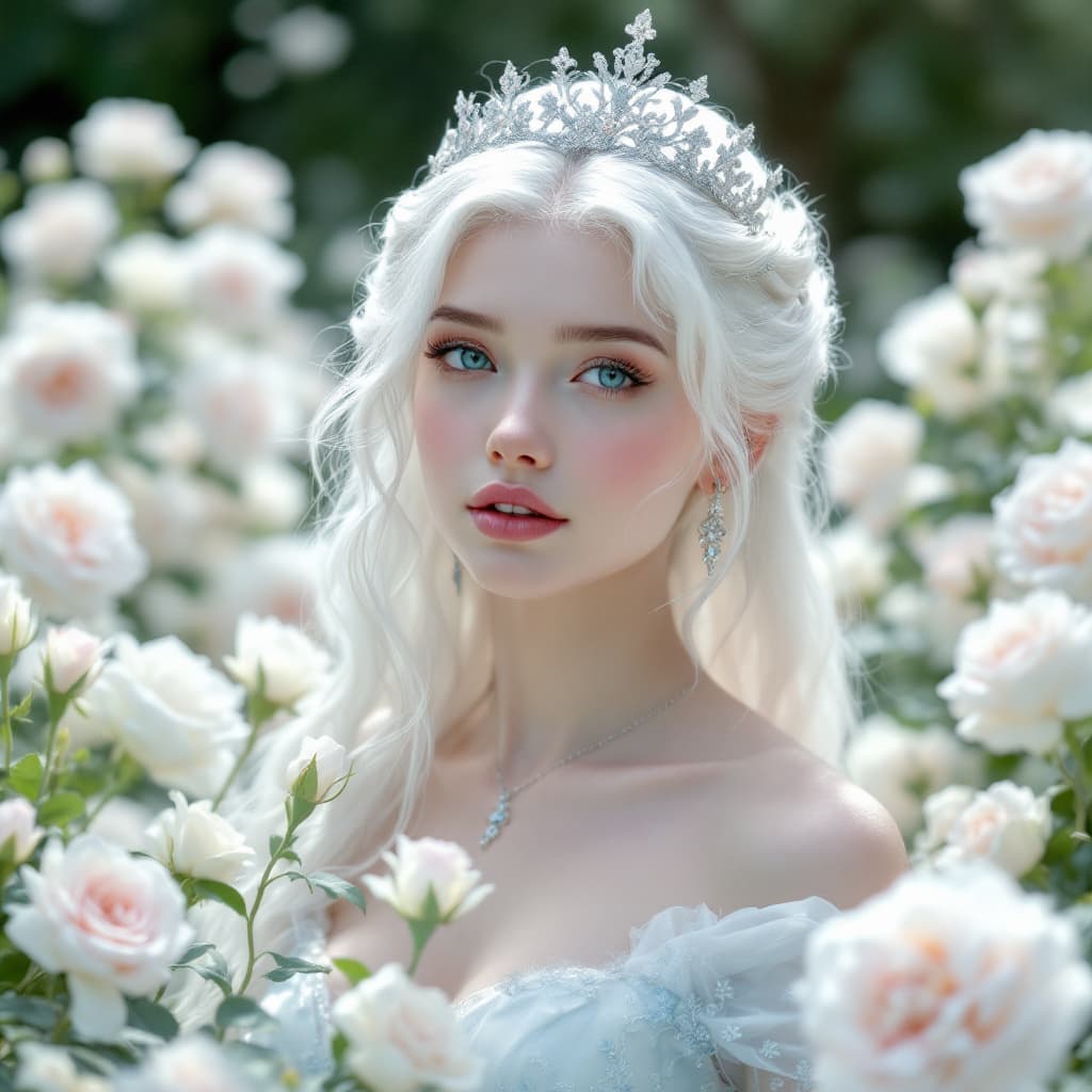 AI generated:  A young and stunning European albino princess of unreal beauty and angelic features. She has snow-w...