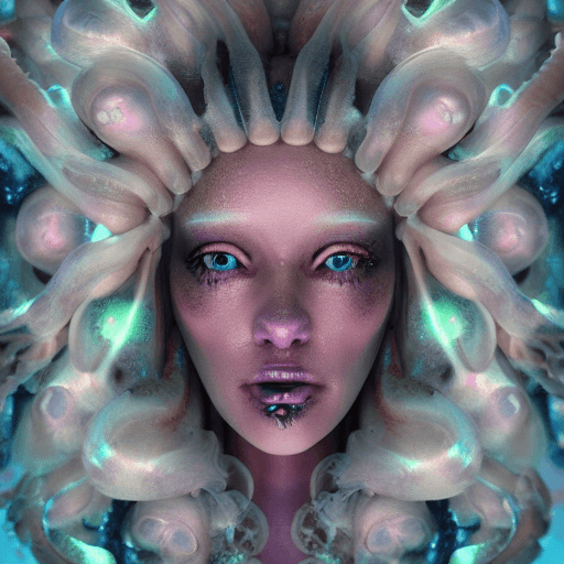 AI generated: Goddess close-up portrait ribcagel. jellyfish phoenix head, nautilus, orchid, skull, betta fish, bio...