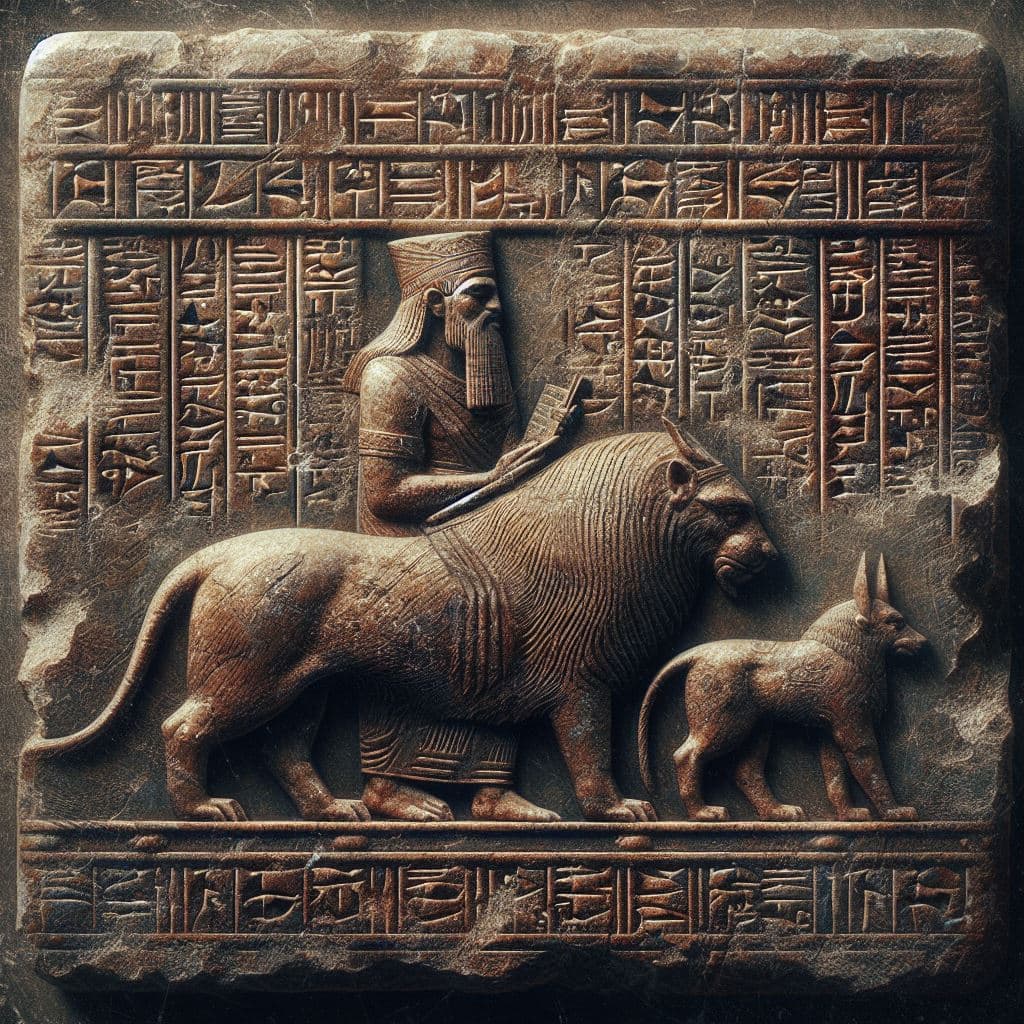AI generated: photo of a fragmented, weathered, dirty, aged cuneiform tablet with an image of Gilgamesh and Enkidu...