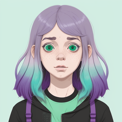 AI generated: An illustration of a quirky girl with ombre purple hair, in the style of Flat shading, Gemma Correll...