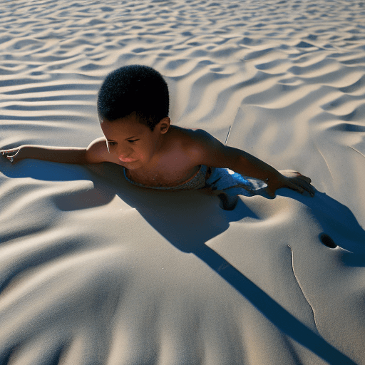 AI generated: young Egyptian boy dissolving into sand photographed by Canon EOS, cinematic lighting, extremely hig...