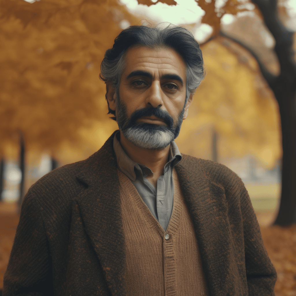 AI generated: A serene 4K portrait of a Persian writer in autumn, gazing into the camera with a contemplative expr...
