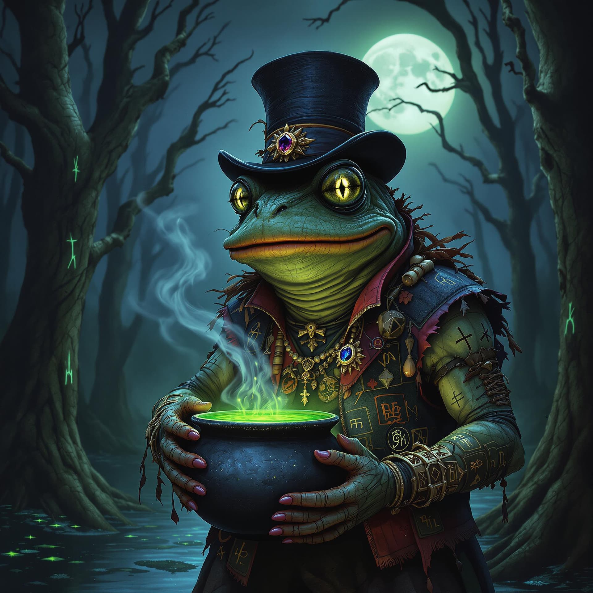 AI generated: A voodoo frog depicted as a shadowy and enigmatic figure in a moonlit swamp. The frog wears a patchw...