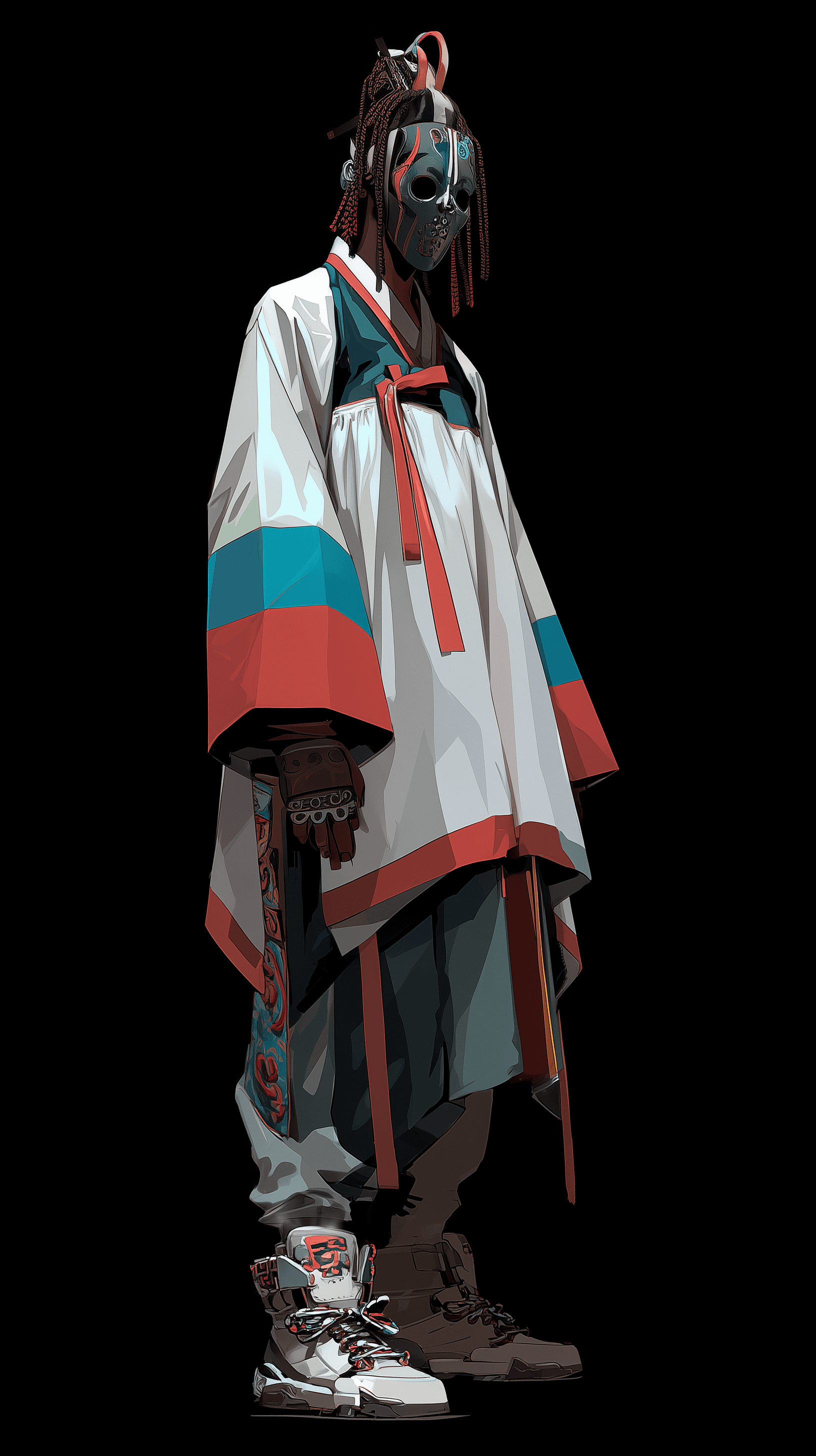 AI generated: concept illustration, character artwork, 2d flat style, marker pen with coloring, korean traditional...