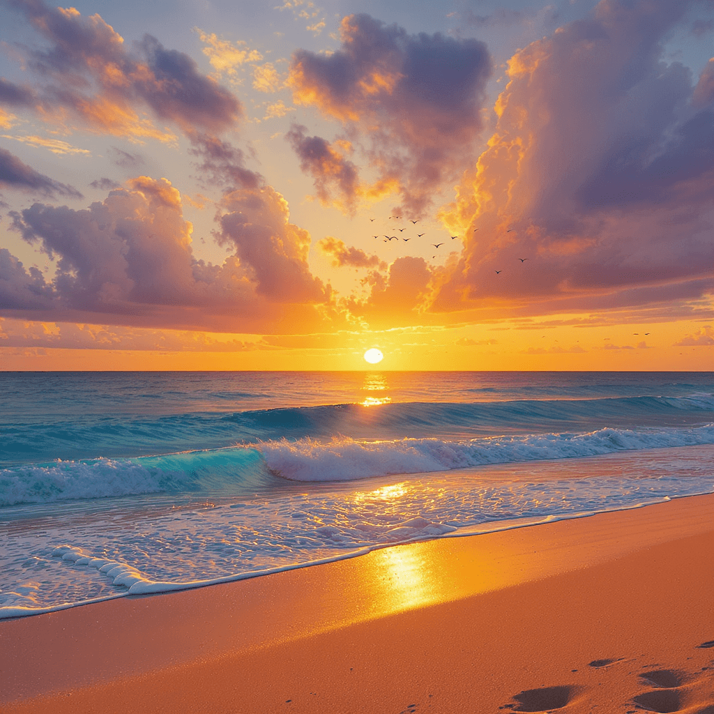 AI generated: dessin animée  bord d'une plage. En arrière-plan, un magnifique coucher de soleil éclaire le ciel de...