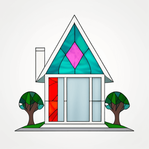 AI generated: stained glass tiffany, Front view of a 60s tiny house facade in a flat in a circle, minimalist, and ...
