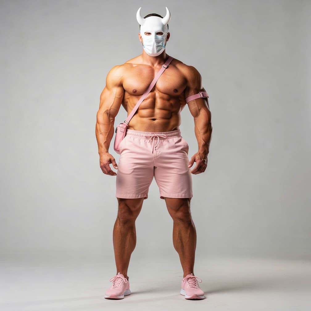 AI generated: A big muscular man wearing light pink short shorts and with a light pink arm band and small light pi...