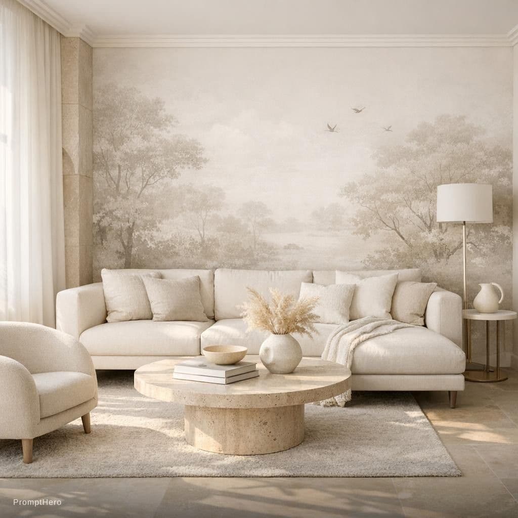 AI generated: Photograph, contemporary living room, soft light of morning, integration of beige flooring and matte...