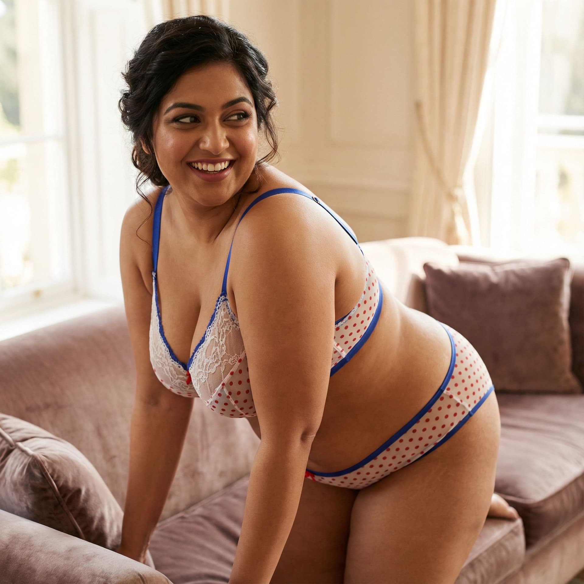 AI generated: a full front view body realistic sexy face picture a slightly plus size Indian hot and sexy woman se...