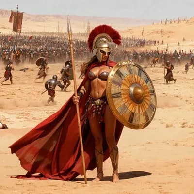 AI generated video: the woman stands on guard ready for battle while in the background the battle rages