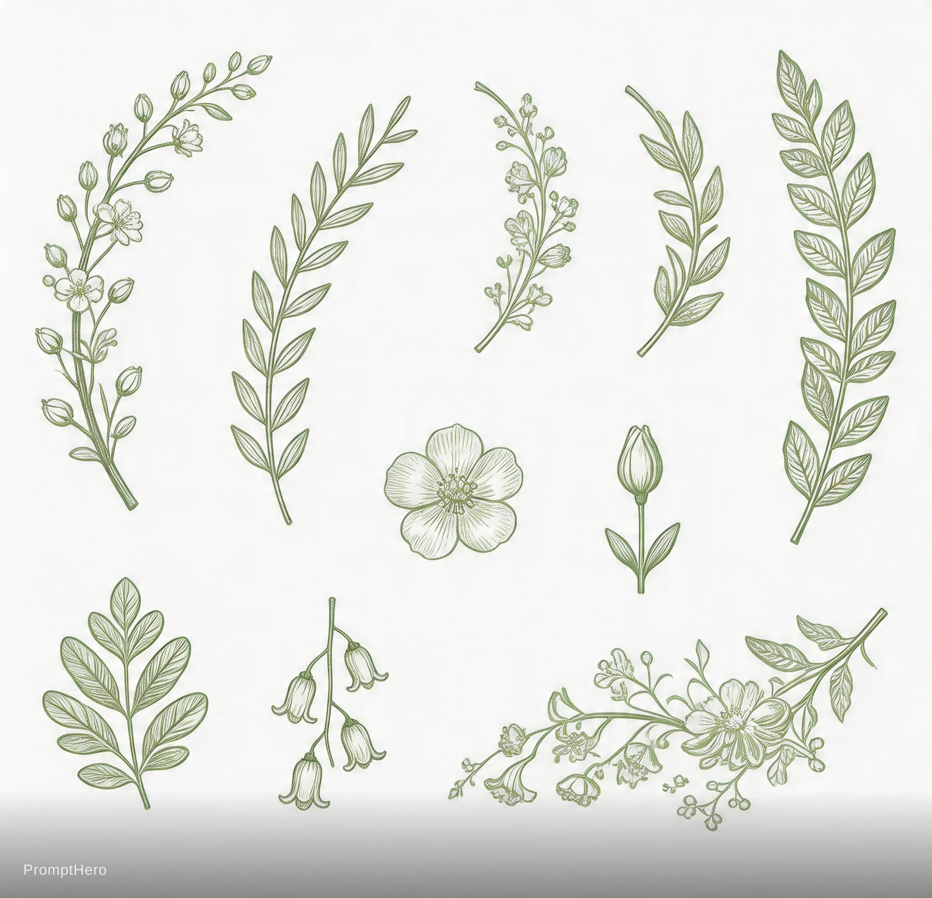 AI generated: 
A set of 10 individual isolated botanical greenery elements, each hand-drawn in pale muted sage gre...