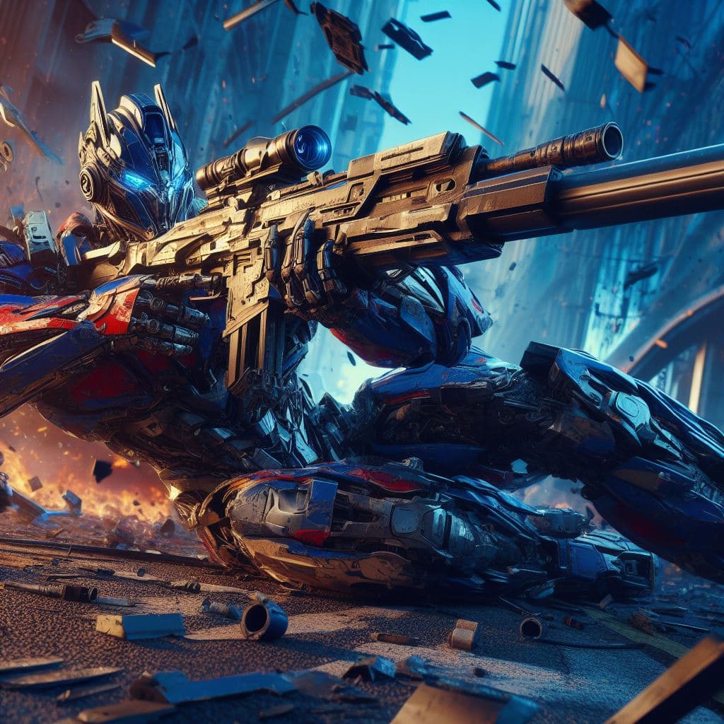 AI generated: photorealistic, detailed flying debris, urbanpunk, more colorful, Optimus Prime fighting at war, lyi...