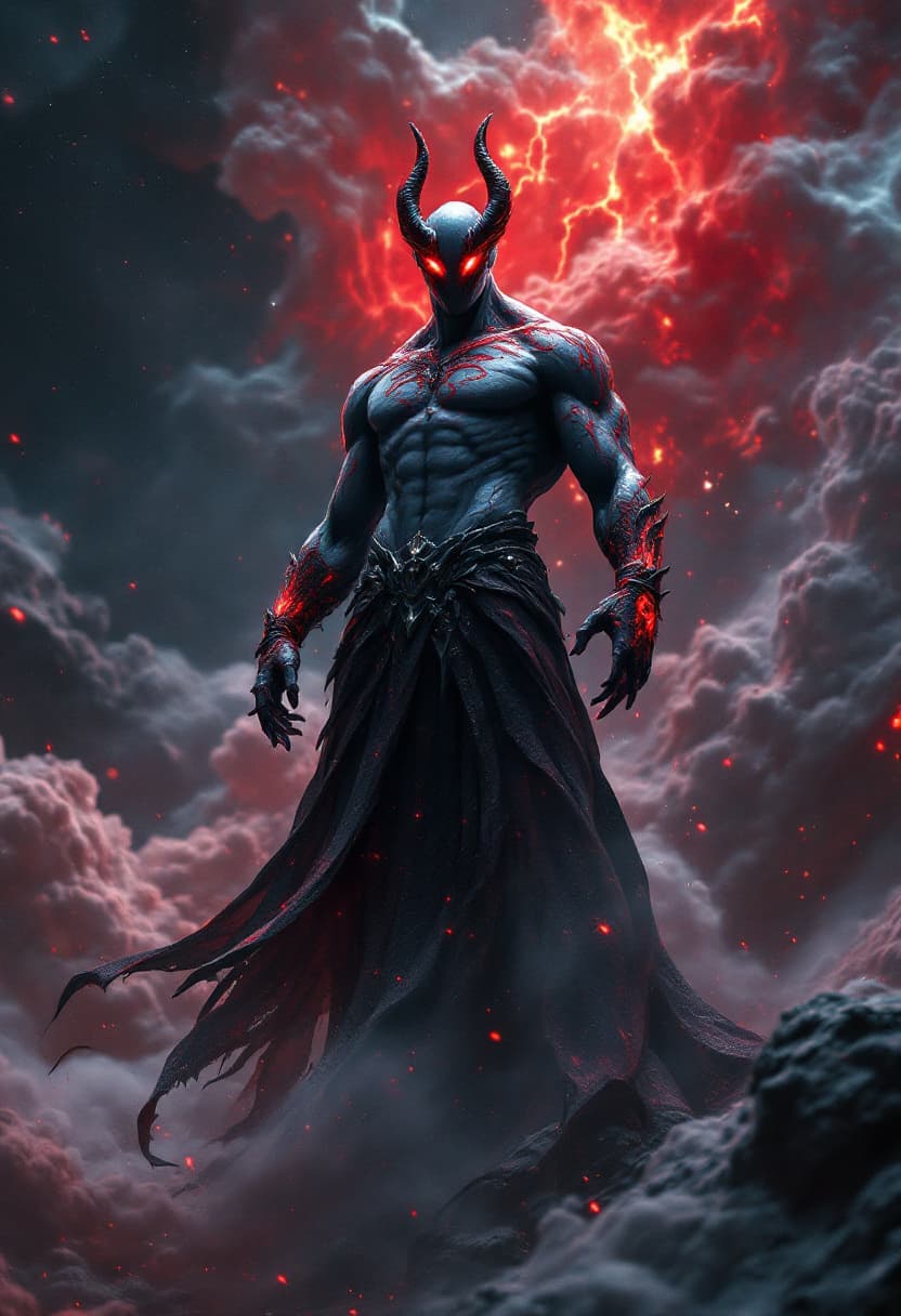 AI generated: God of Blood, full-body, Etherial, muscular, No mouth or hair, Glowing Dark Red eyes, epic, cinemati...