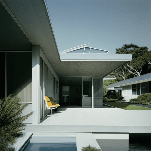 AI generated: Hyper realistic eye level exterior photo of a mid century modern style house overlooking the ocean, ...