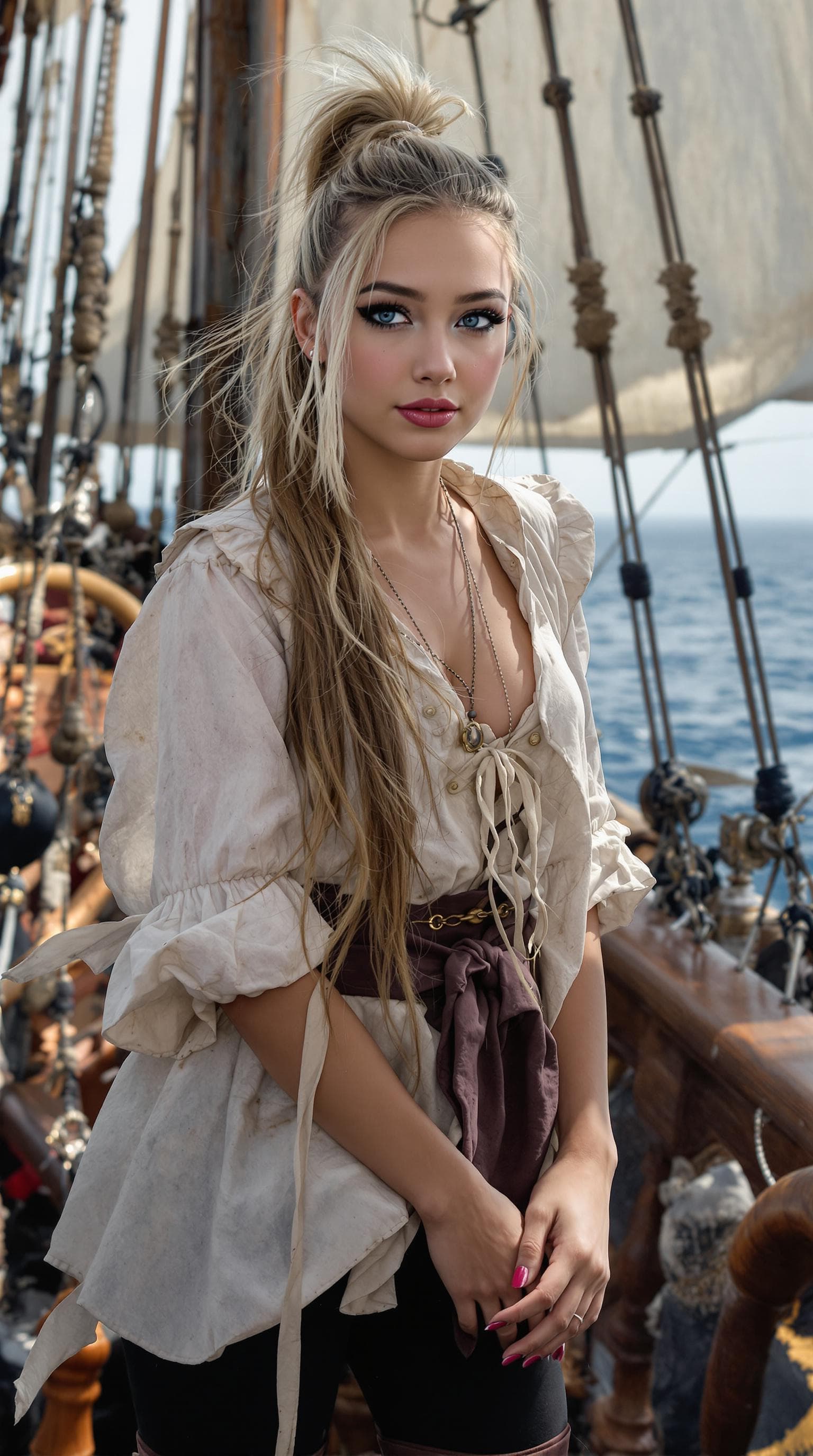 AI generated: a professional photo of a exceptionally beautiful girl aboard pirate ship at sea (age 21), (twenty-o...
