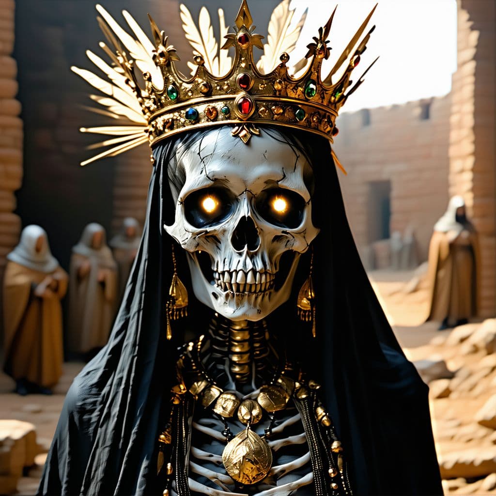 AI generated: Undead queen with golden crown and necklaces, golden sunrays headdress, dead white eyes, dead dry sk...