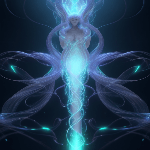AI generated: A towering figure of shimmering energy, with luminous tendrils extending outward and pulsating with ...