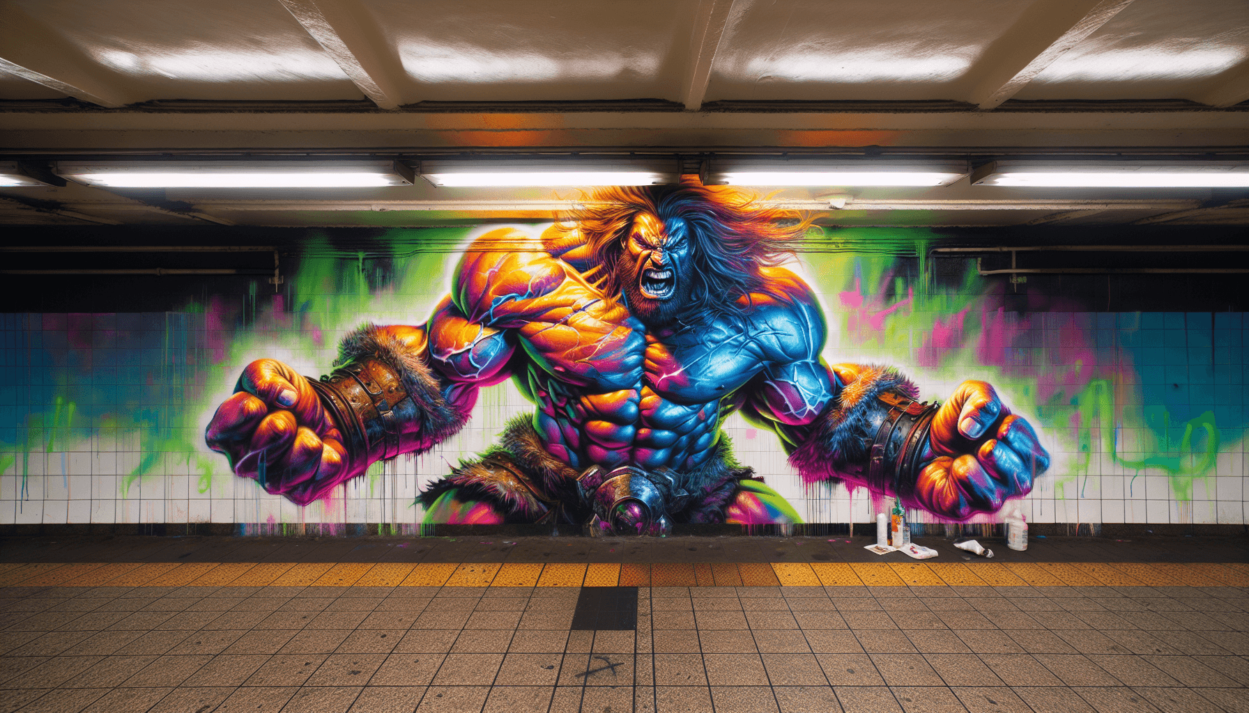 AI generated: image: enraged muscled barbarian as graffiti on subway station wall, neon::1, paint drip, overspray,...