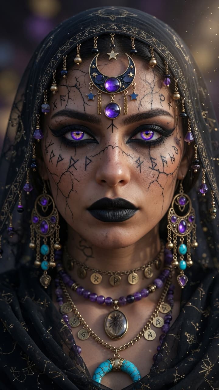 AI generated: Ultra-realistic cinematic portrait photography of a mysterious dark sorceress, striking close-up of ...