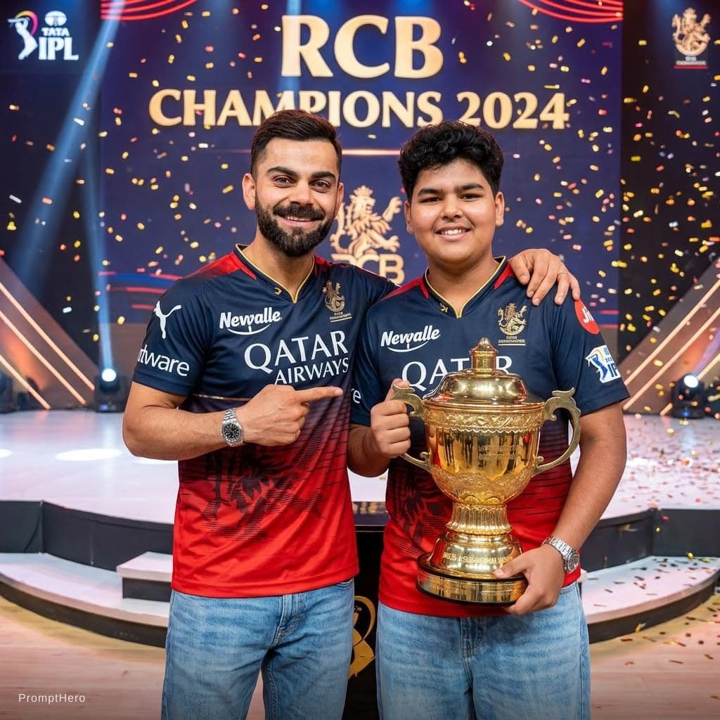 AI generated: Combine these two photos and make me to stand beside virat kohli with the ipl cup. Make virat giving...