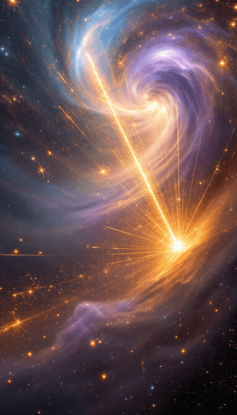 AI generated: In the wide-angle view, the meteor swarm cuts through the star-dust veil like threads of gold, with ...