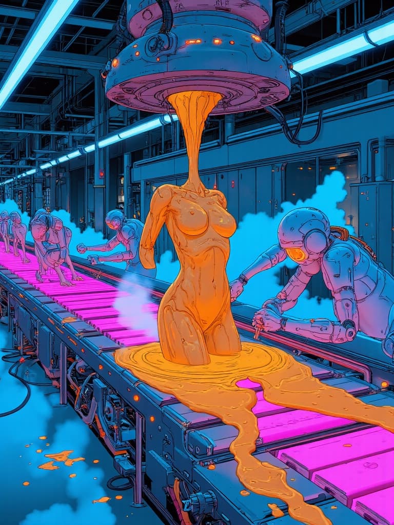 AI generated: A modern, vibrant, and surreal illustration depicting the intricate process of a woman being created...