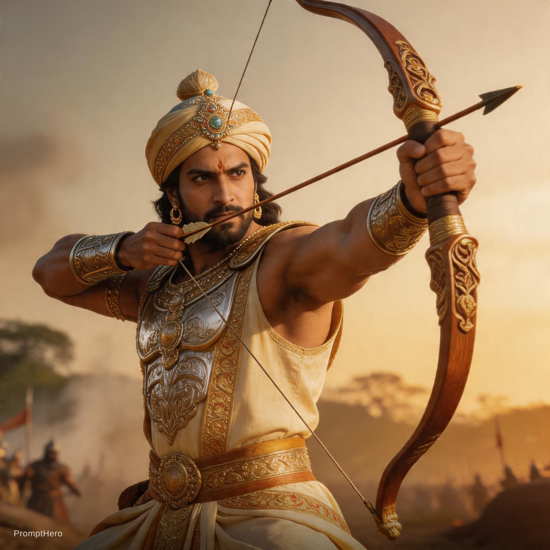 AI generated: Arjuna do clássico mahabarata esticando o seu arco em posição de combate. Cinema. 8k. vertical 9:16....