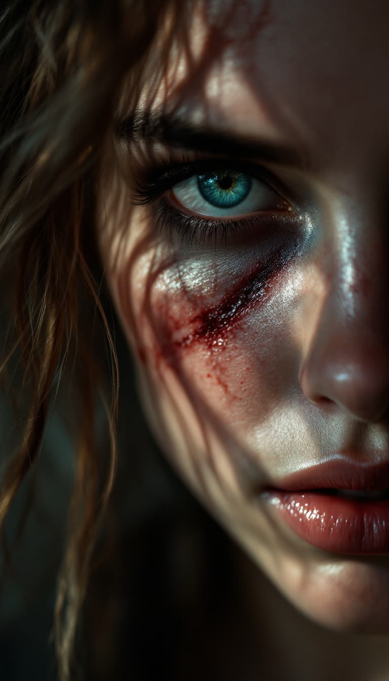 AI generated: high-resolution photograph, woman, ugly scar in the face, stunning use of shadows, in the syle of cr...