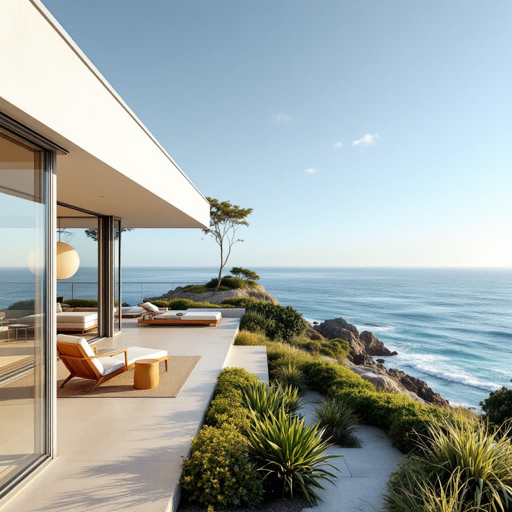 AI generated: Hyper realistic eye level exterior photo of a mid century modern style house overlooking the ocean, ...
