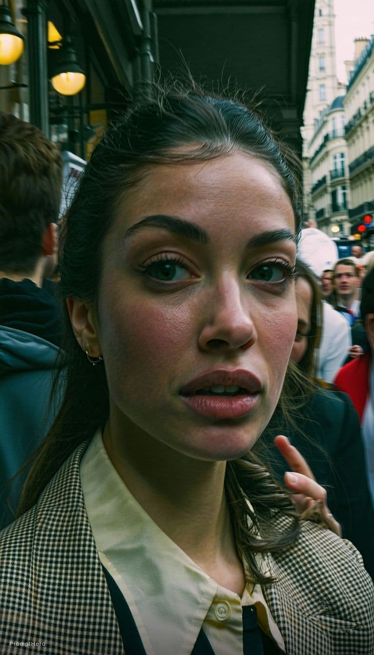 AI generated: Paparazzi-style extreme close-up photo of a woman with striking facial features, caught off-guard wh...