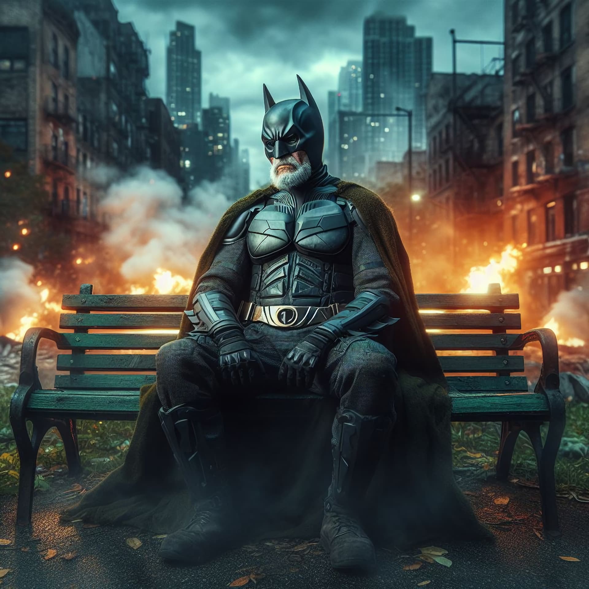 AI generated: old batman in a park ,sitting,Depression, photorealistic, very high detailed, dynamic lights, ultrar...