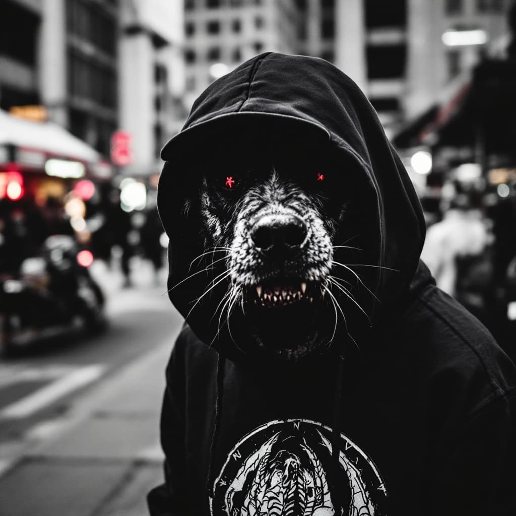 AI generated: Darker Photography of black and white T-shirts, hats, hoodies with red signs on it Carnivore
