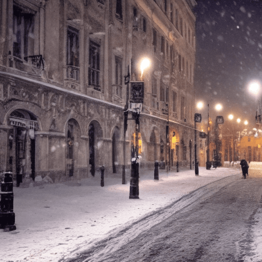 AI generated: Bucharest| street| old town| old city| winter| heavy snow| comprehensive cinematic| Atmosphere| Mast...
