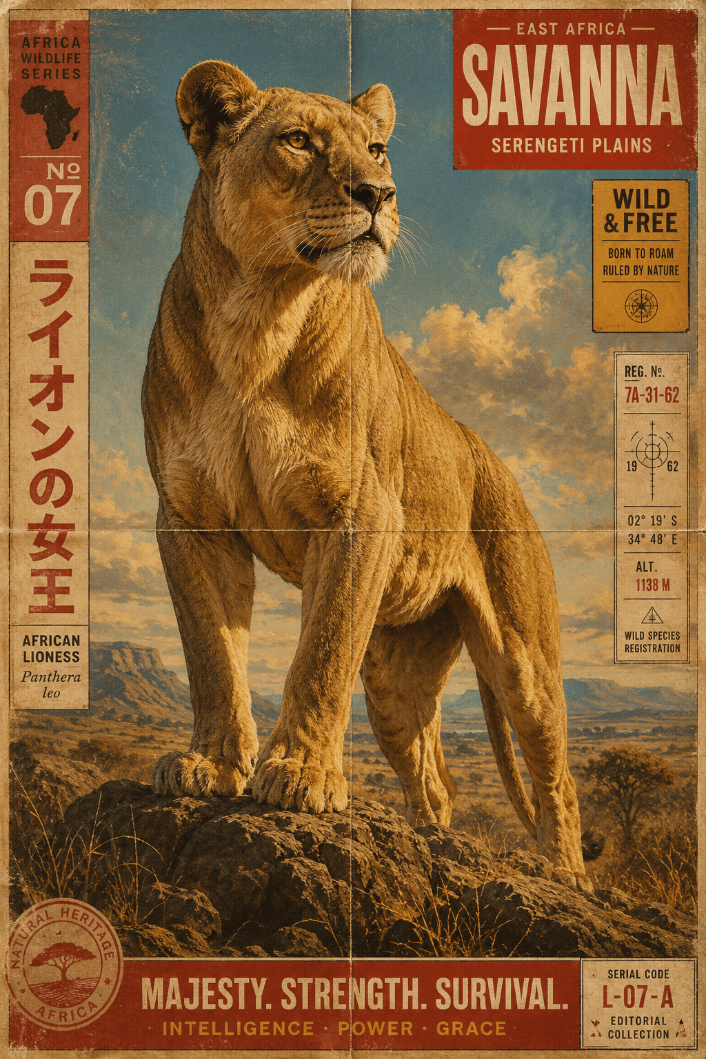 AI generated: Majestic adult African lioness standing atop a slightly elevated savanna outcrop, portrayed as the s...