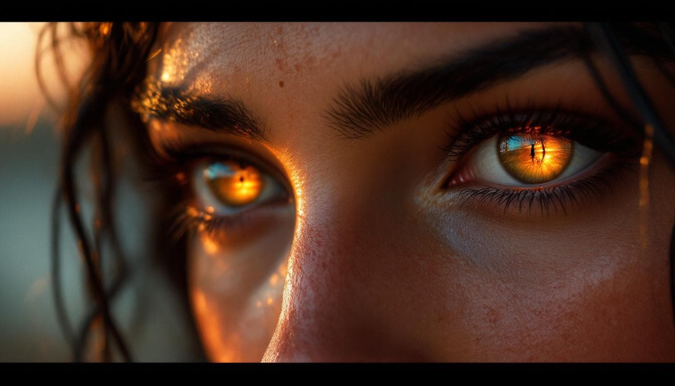 AI generated: hyper realistic . Close-up of Parushat’s eyes, the reflection of the sunset glowing in her pupils. [...