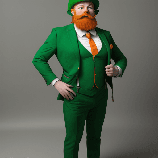 AI generated: full-length, short Elya leprechaun with an orange beard, in a green suit with suspenders, New Year's...