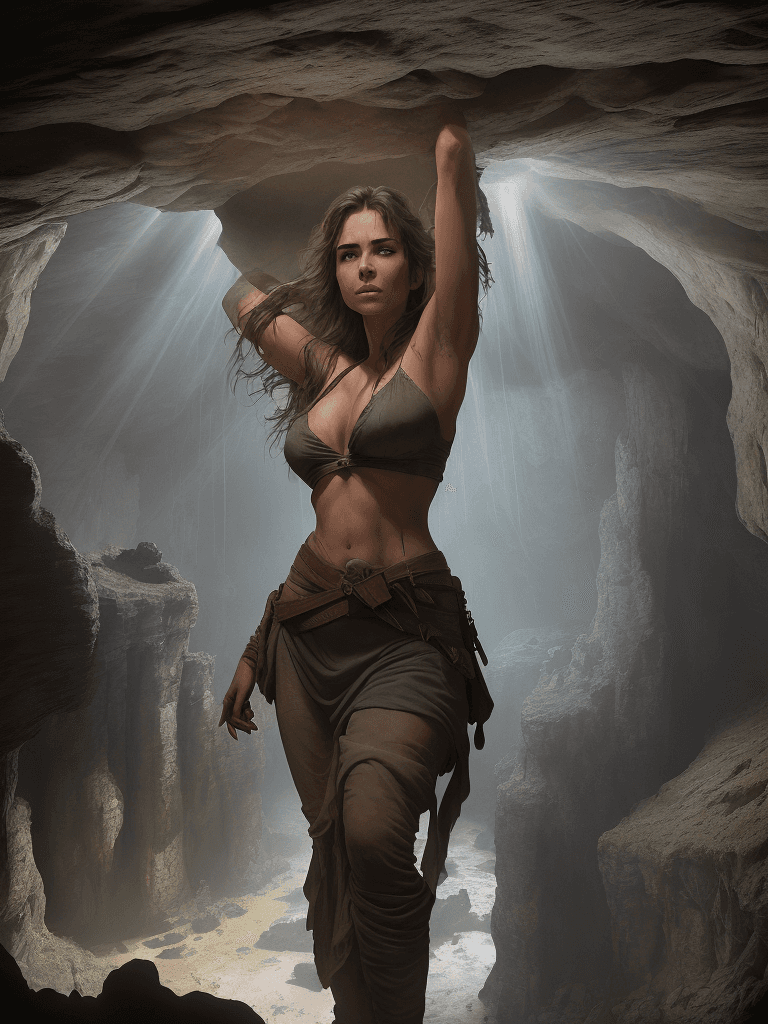 AI generated: This image depicts a beautiful stunning female Indiana Jones, posing heroically in a vast, dimly lit...
