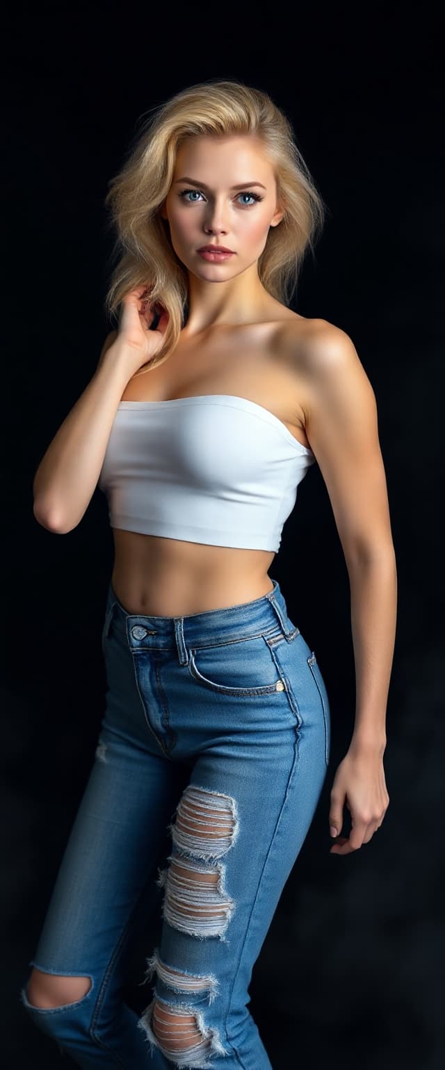 AI generated: "High-resolution, full-body portrait photo. A lithe supermodel, early 20s, pale skin, voluminous hon...