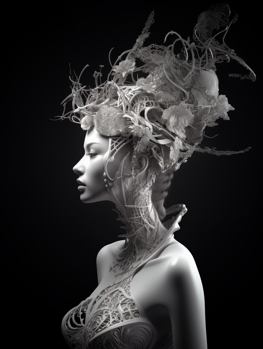 AI generated: dark background, a black and white high quality dreamy photo of a young beautiful female queen-drago...