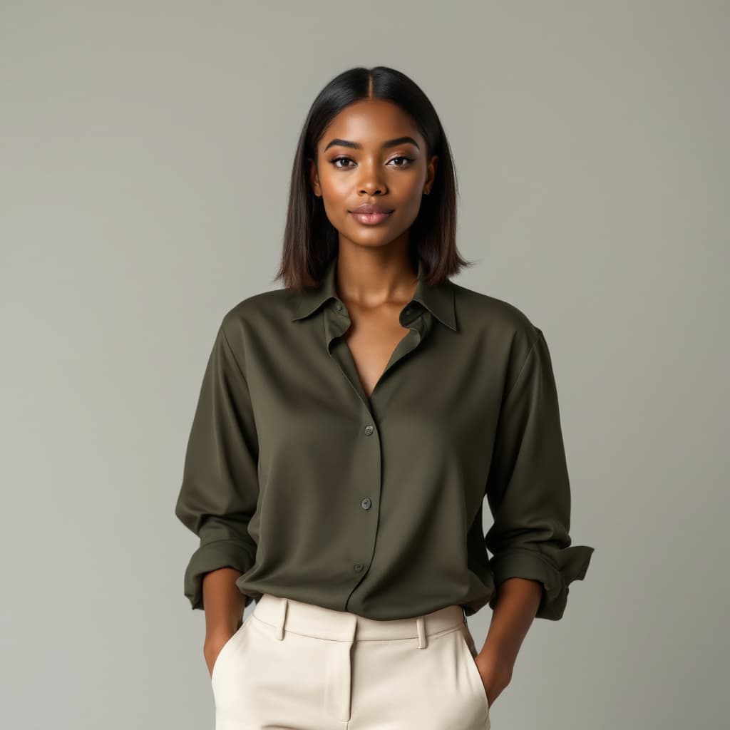 AI generated: A 23-year-old African-American woman with glowing medium-dark skin and shoulder-length straightened ...