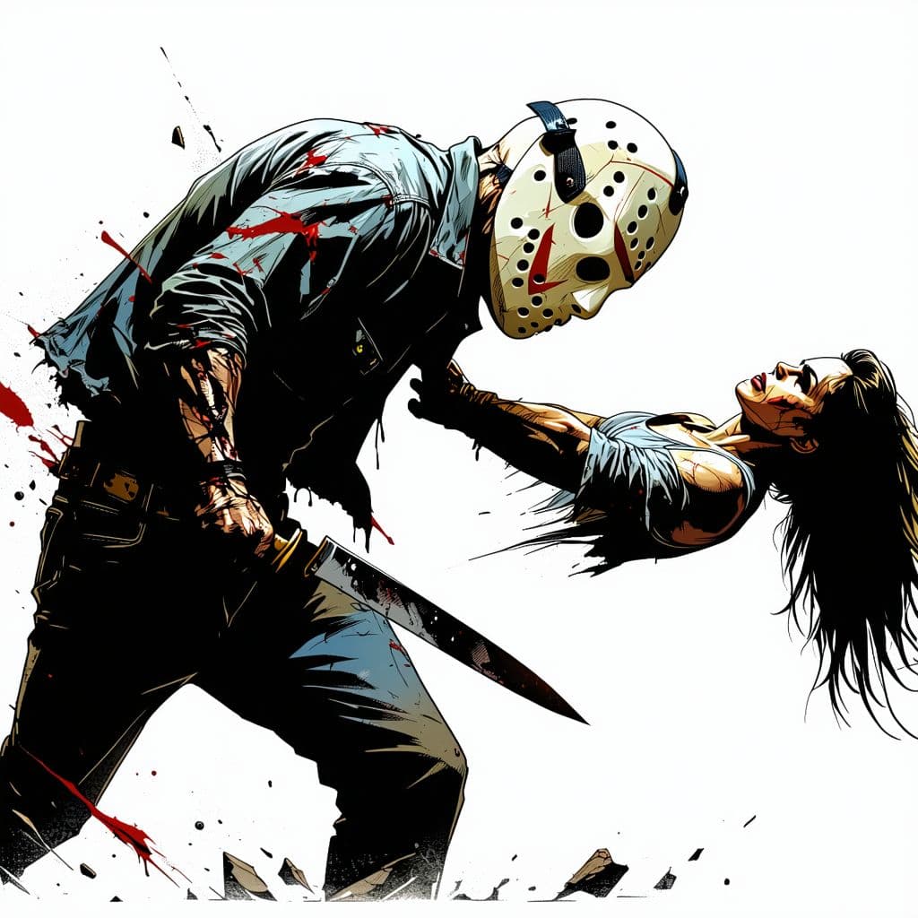 AI generated: Jason character from the horror movie attacking a woman with a knife, dynamic pose, 2d drawing style...